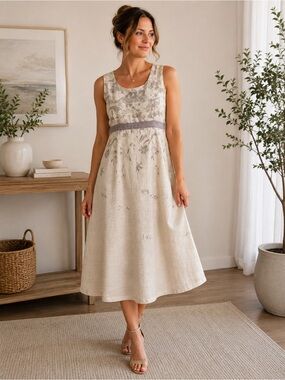 Kaliko Linen & Silk Blend Floral Midi Dress | Elegant style Size UK 16 / Euro 42